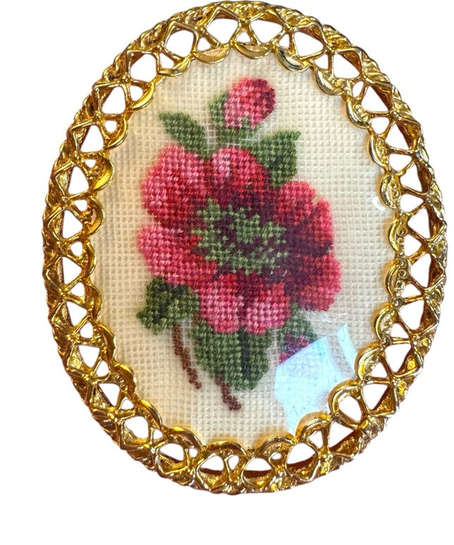 Vintage Petite point Handmade  Floral Brooch with Gold Frame Pendant