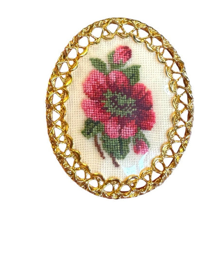 Vintage Petite point Handmade  Floral Brooch with Gold Frame Pendant