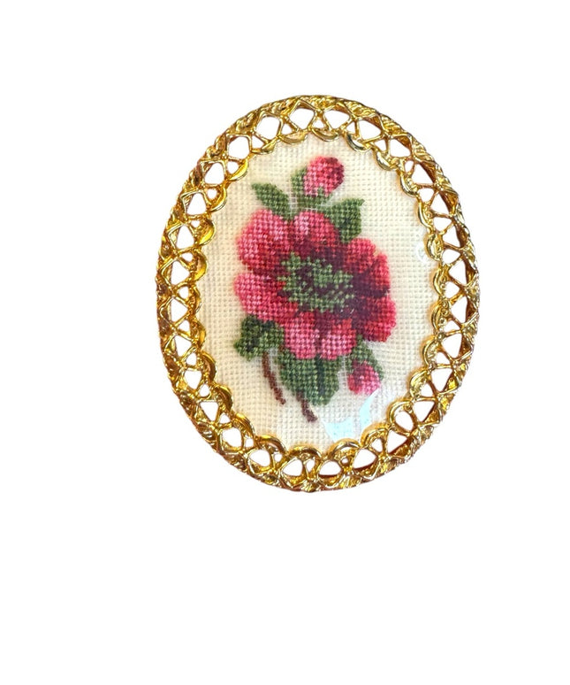 Vintage Petite point Handmade  Floral Brooch with Gold Frame Pendant
