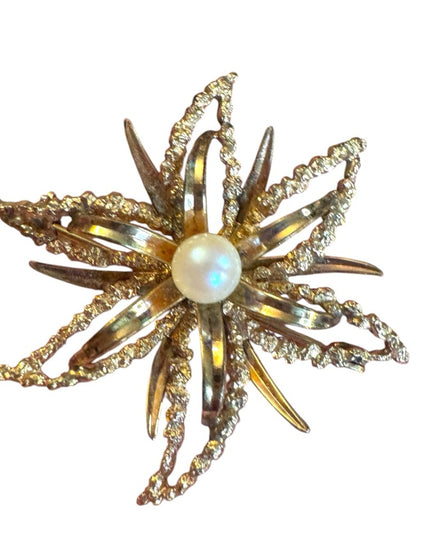 Elegant Gold filled floral brushed metal Pearl Brooch