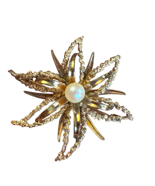 Elegant Gold filled floral brushed metal Pearl Brooch