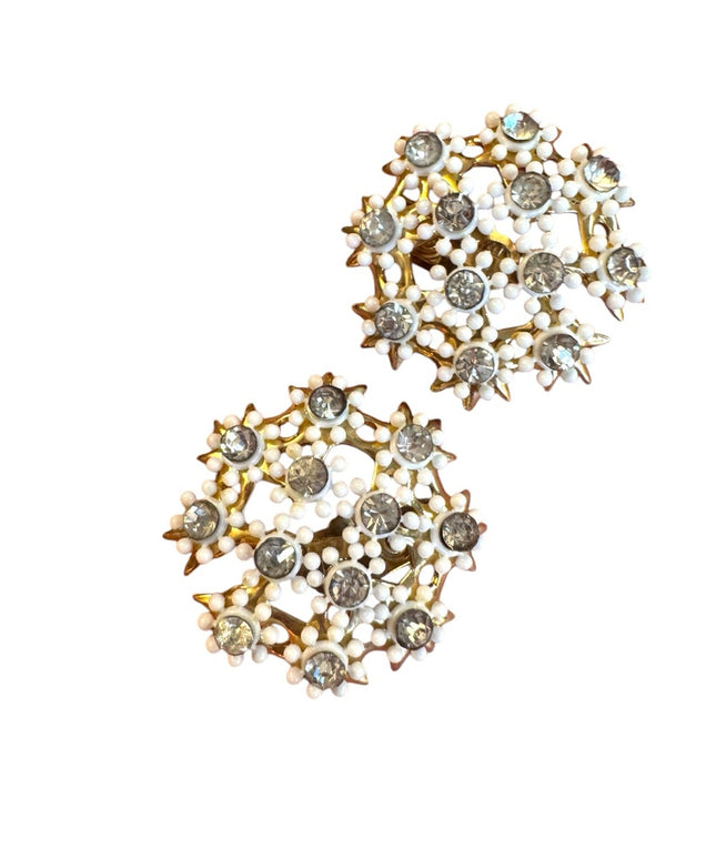 Vintage large round flower floral gokd finish Rhinestone Clip-On Earrings 1970s