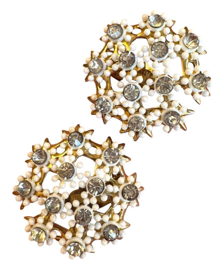 Vintage large round flower floral gokd finish Rhinestone Clip-On Earrings 1970s