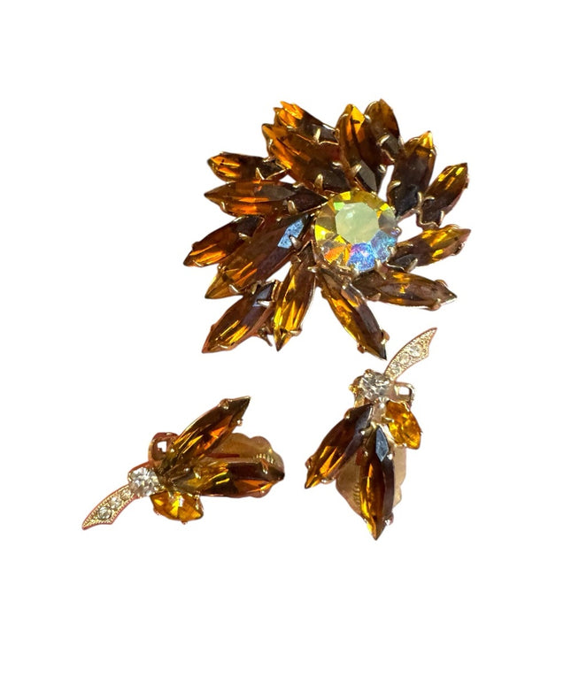 Elegant vintage 1950s Brown Crystal Jewelry Set Gold finish metal
