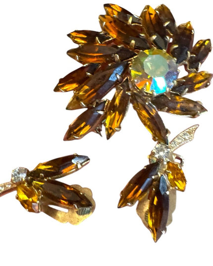Elegant vintage 1950s Brown Crystal Jewelry Set Gold finish metal