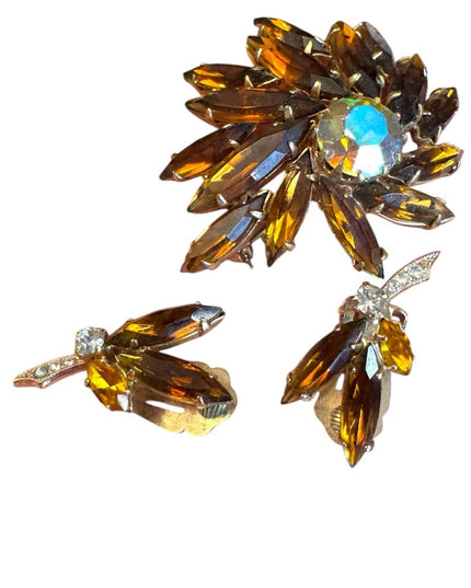 Elegant vintage 1950s Brown Crystal Jewelry Set Gold finish metal