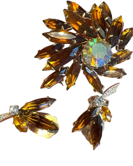 Elegant vintage 1950s Brown Crystal Jewelry Set Gold finish metal