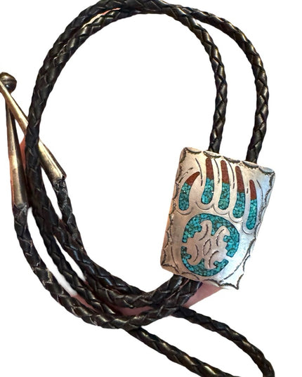 Vintage Sterling Silver B Navajo Bear Claw Turquoise inlay Bolo Tie Leather