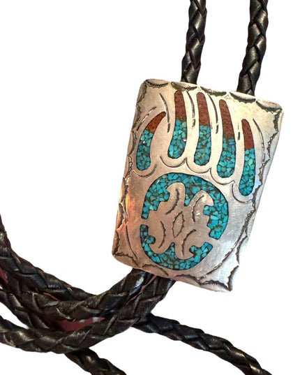 Vintage Sterling Silver B Navajo Bear Claw Turquoise inlay Bolo Tie Leather
