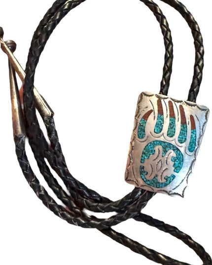 Vintage Sterling Silver B Navajo Bear Claw Turquoise inlay Bolo Tie Leather