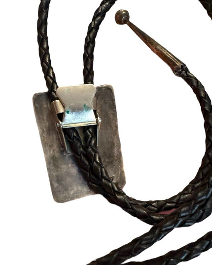 Vintage Sterling Silver B Navajo Bear Claw Turquoise inlay Bolo Tie Leather