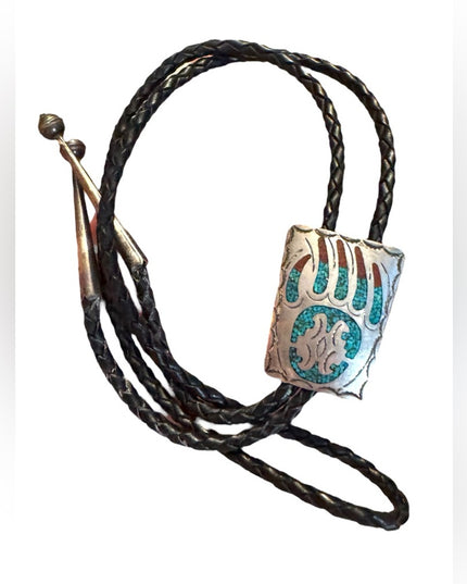 Vintage Sterling Silver B Navajo Bear Claw Turquoise inlay Bolo Tie Leather