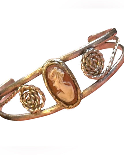 Lovely Handmade vintage cuff Cameo Bracelet Silver scroll work finish