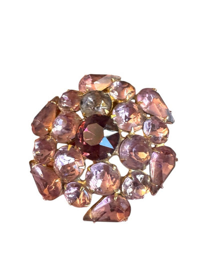 Vintage purple crystal gold finish round flower Brooch 1950s