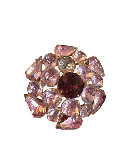 Vintage purple crystal gold finish round flower Brooch 1950s