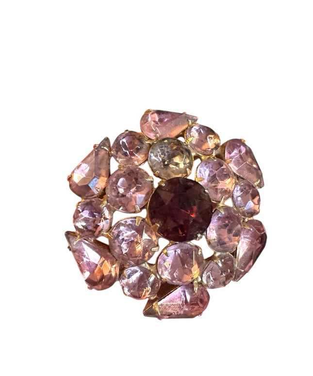 Vintage purple crystal gold finish round flower Brooch 1950s