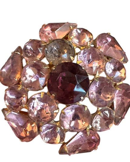 Vintage purple crystal gold finish round flower Brooch 1950s