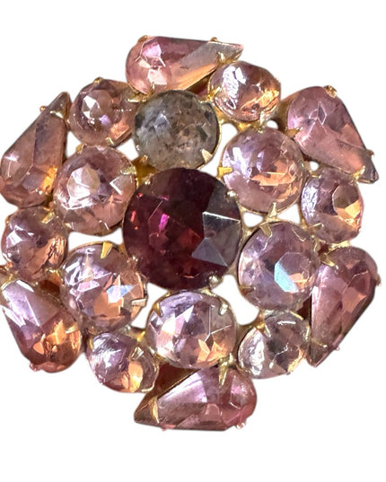 Vintage purple crystal gold finish round flower Brooch 1950s