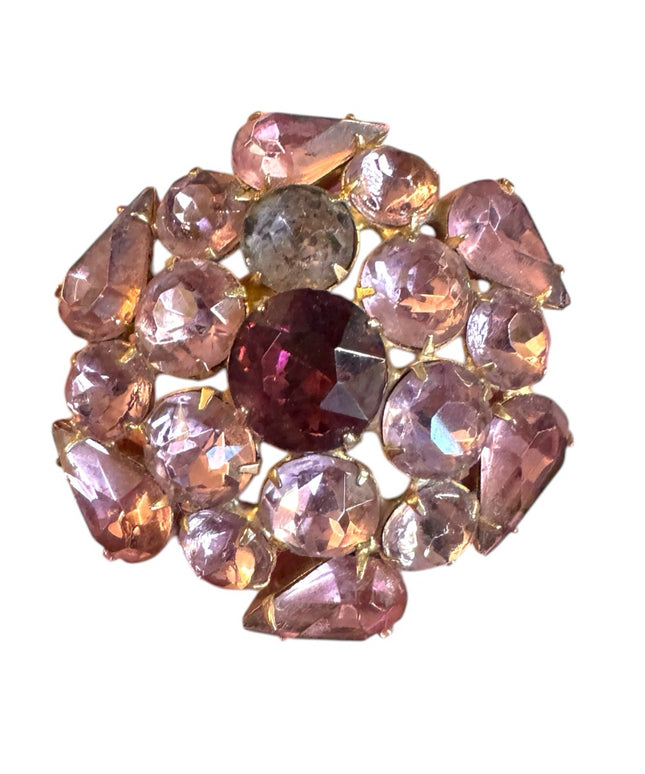 Vintage purple crystal gold finish round flower Brooch 1950s