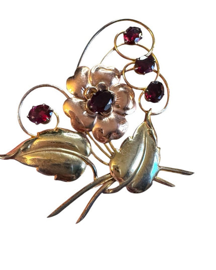 Vintage 1950s 10k Gold Filled GF  Large Floral Brooch with Red Crystal Accents