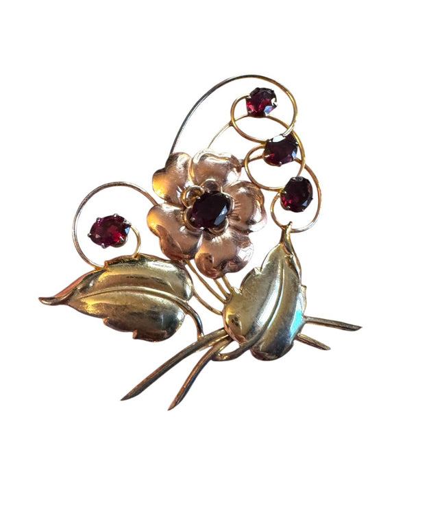 Vintage 1950s 10k Gold Filled GF  Large Floral Brooch with Red Crystal Accents