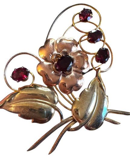 Vintage 1950s 10k Gold Filled GF  Large Floral Brooch with Red Crystal Accents