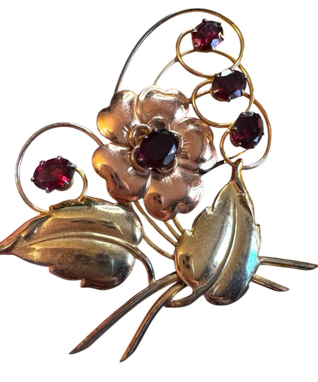 Vintage 1950s 10k Gold Filled GF  Large Floral Brooch with Red Crystal Accents