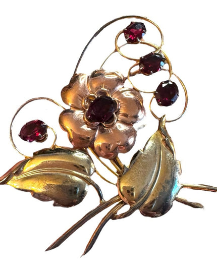 Vintage 1950s 10k Gold Filled GF  Large Floral Brooch with Red Crystal Accents