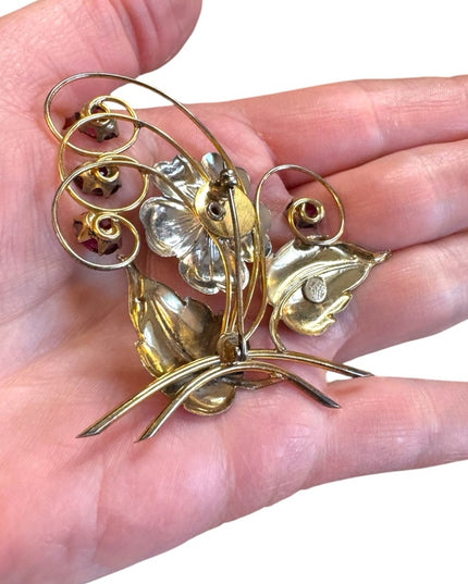 Vintage 1950s 10k Gold Filled GF  Large Floral Brooch with Red Crystal Accents