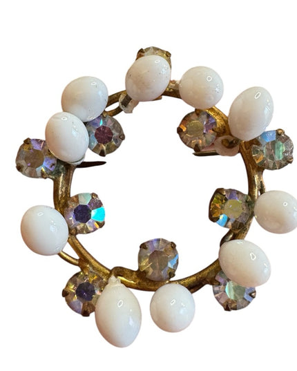 Elegant White Milk glass AB crystal Gold finish wreath style Brooch Triad 1940s