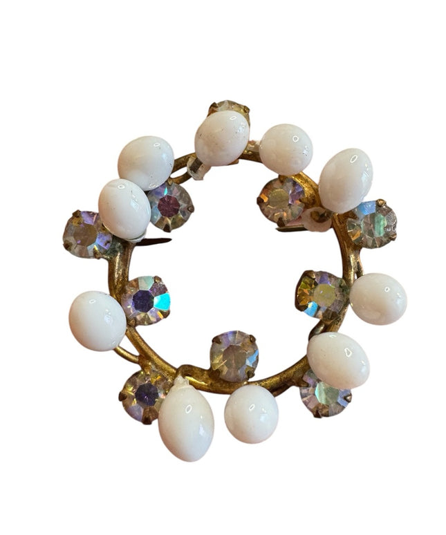 Elegant White Milk glass AB crystal Gold finish wreath style Brooch Triad 1940s
