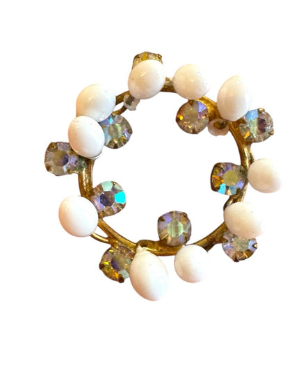 Elegant White Milk glass AB crystal Gold finish wreath style Brooch Triad 1940s