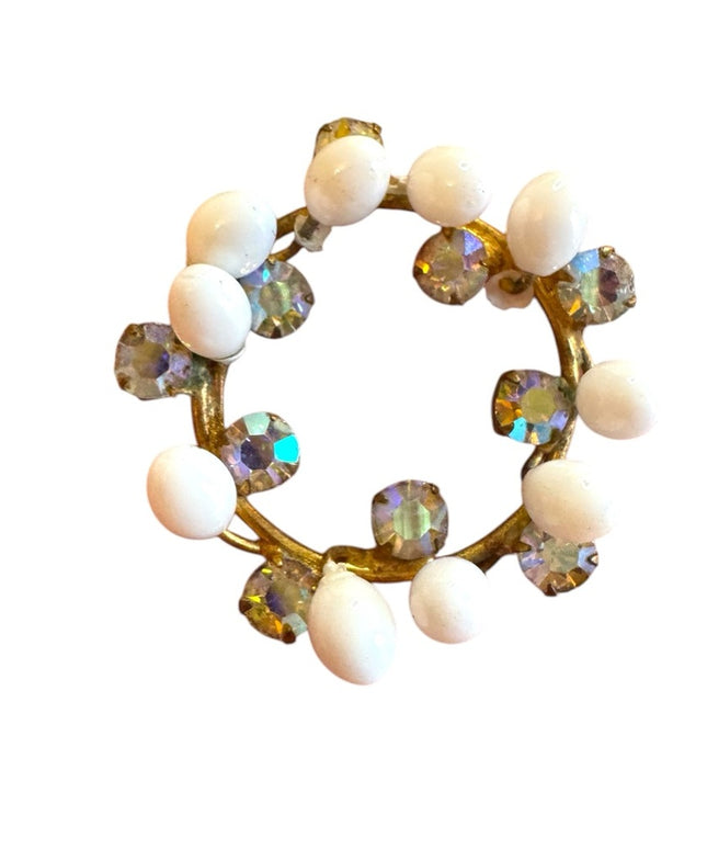 Elegant White Milk glass AB crystal Gold finish wreath style Brooch Triad 1940s