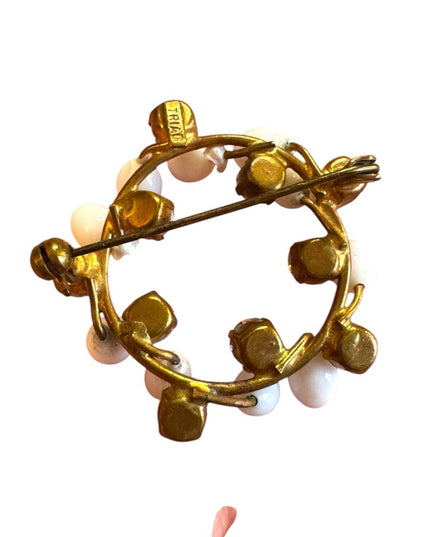 Elegant White Milk glass AB crystal Gold finish wreath style Brooch Triad 1940s