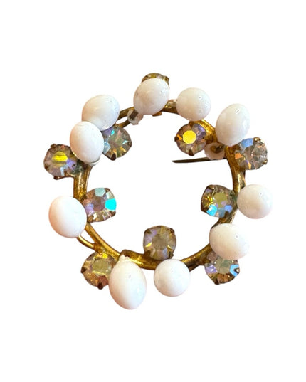 Elegant White Milk glass AB crystal Gold finish wreath style Brooch Triad 1940s