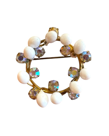 Elegant White Milk glass AB crystal Gold finish wreath style Brooch Triad 1940s