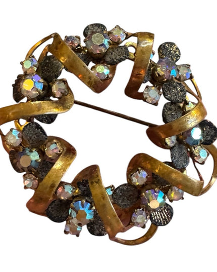 Elegant floral wreath TRIAD 1940s Antiqued AB Crystal gold brassy finish