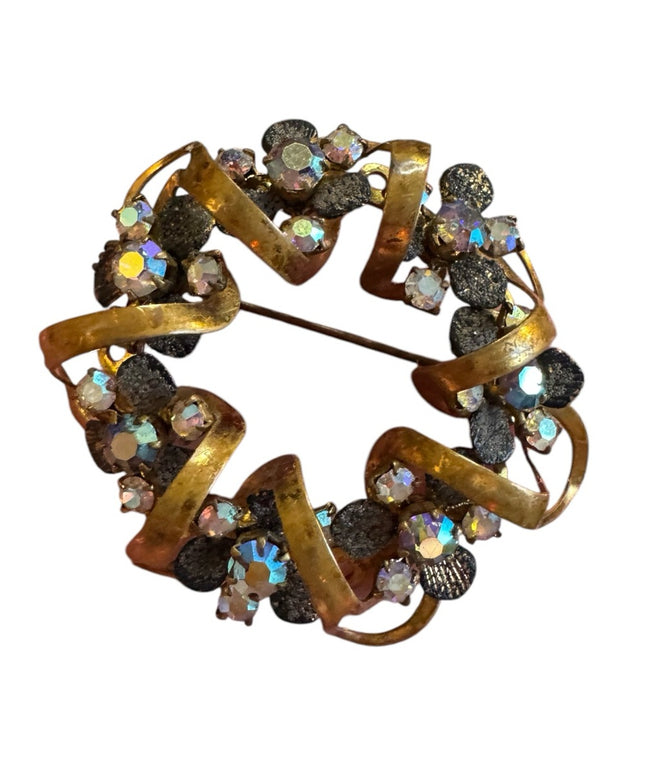 Elegant floral wreath TRIAD 1940s Antiqued AB Crystal gold brassy finish