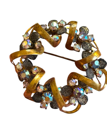 Elegant floral wreath TRIAD 1940s Antiqued AB Crystal gold brassy finish