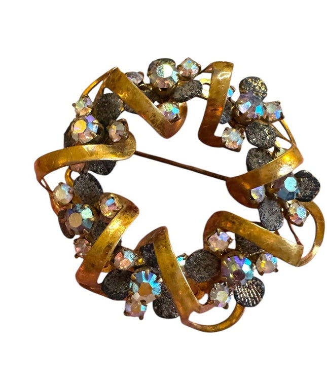 Elegant floral wreath TRIAD 1940s Antiqued AB Crystal gold brassy finish