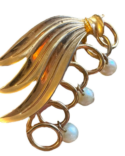 Vintage 1950s Triad  Gold and Pearl Brooch antiqued floral Crystal Brooch