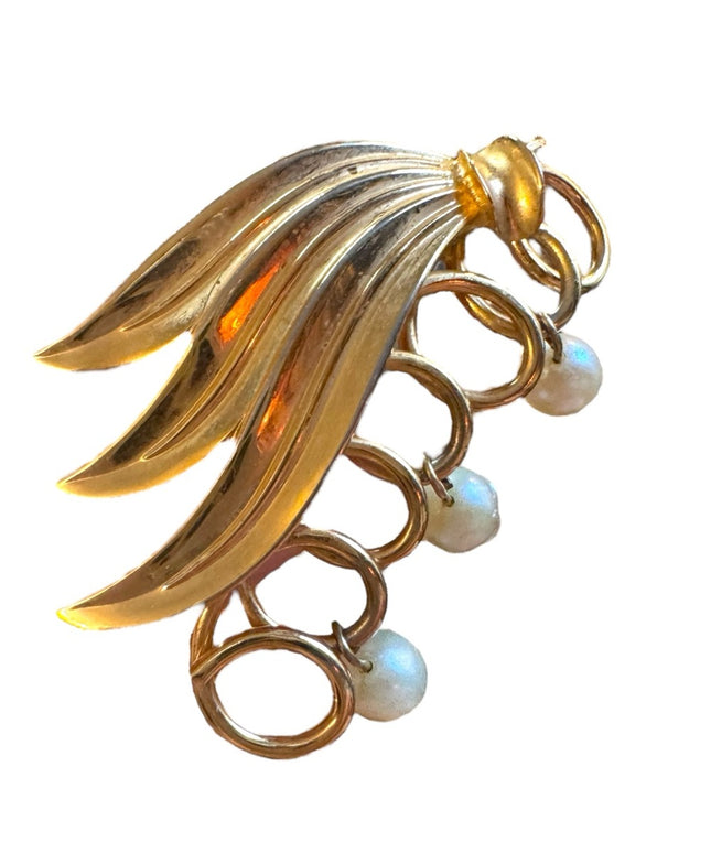 Vintage 1950s Triad  Gold and Pearl Brooch antiqued floral Crystal Brooch
