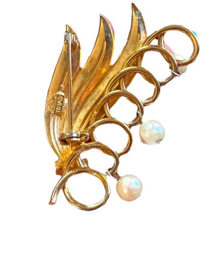Vintage 1950s Triad  Gold and Pearl Brooch antiqued floral Crystal Brooch