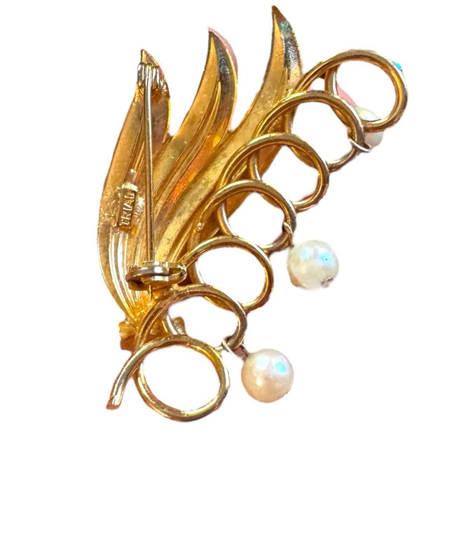 Vintage 1950s Triad  Gold and Pearl Brooch antiqued floral Crystal Brooch