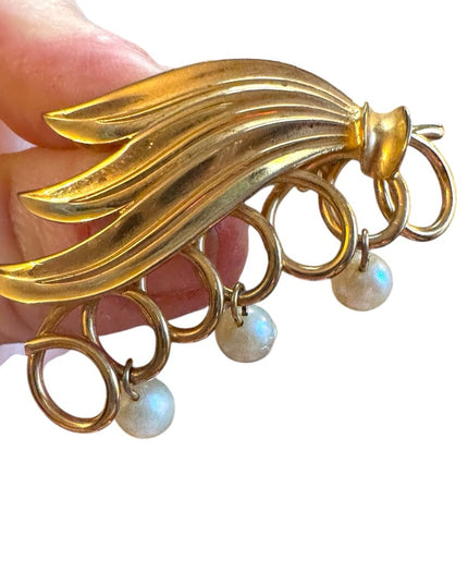 Vintage 1950s Triad  Gold and Pearl Brooch antiqued floral Crystal Brooch