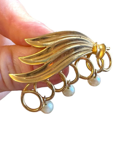 Vintage 1950s Triad  Gold and Pearl Brooch antiqued floral Crystal Brooch