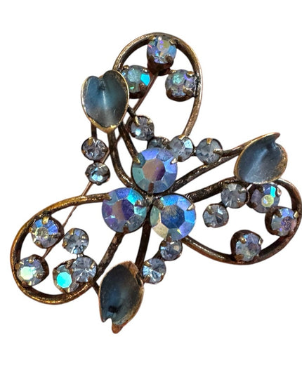 Vintage 1940s Triad AB Blue crystal antiqued floral Crystal Brooch