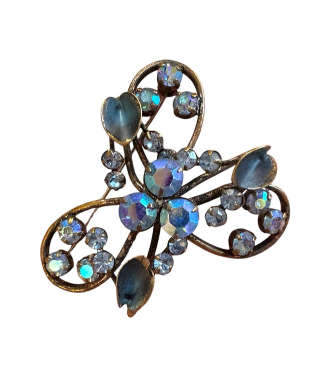Vintage 1940s Triad AB Blue crystal antiqued floral Crystal Brooch