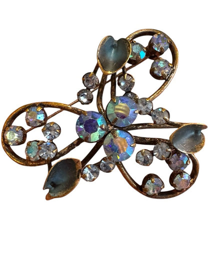 Vintage 1940s Triad AB Blue crystal antiqued floral Crystal Brooch