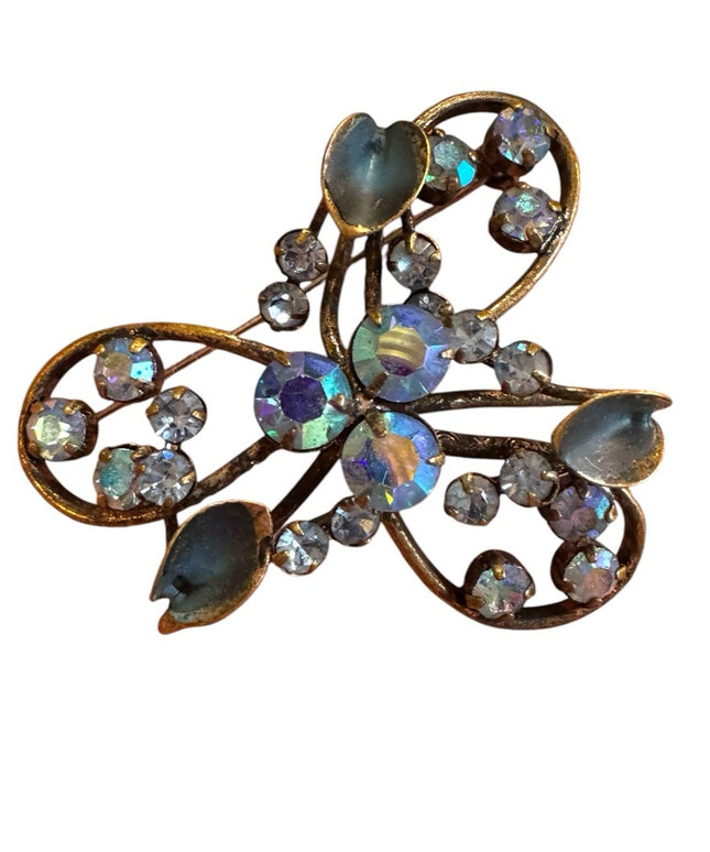 Vintage 1940s Triad AB Blue crystal antiqued floral Crystal Brooch